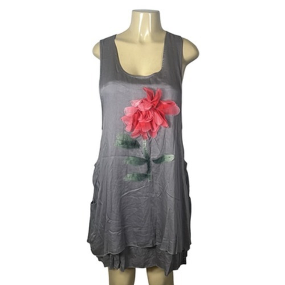 Beulah Dress Womens Medium Gray Floral Lagenlook Tank Layered Pockets Swing